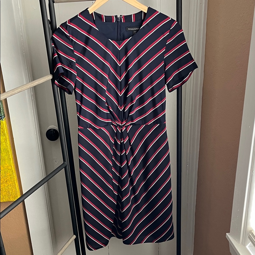 Banana Republic Women’s Navy, Red and White Diagonal Stripe Midi Dress